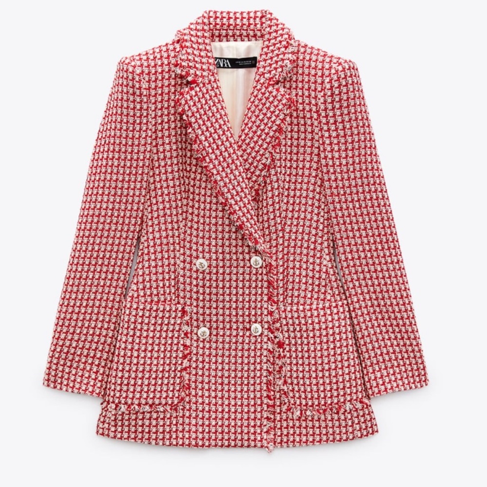 Zara Red and White Tweed Blazer